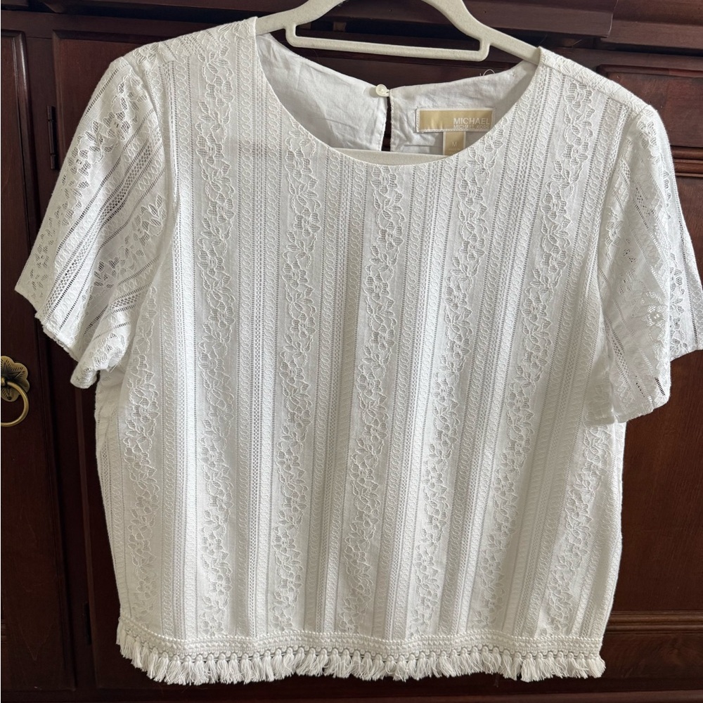 Michael Kors white Lace Blouse with Fringe Trim at Hem
